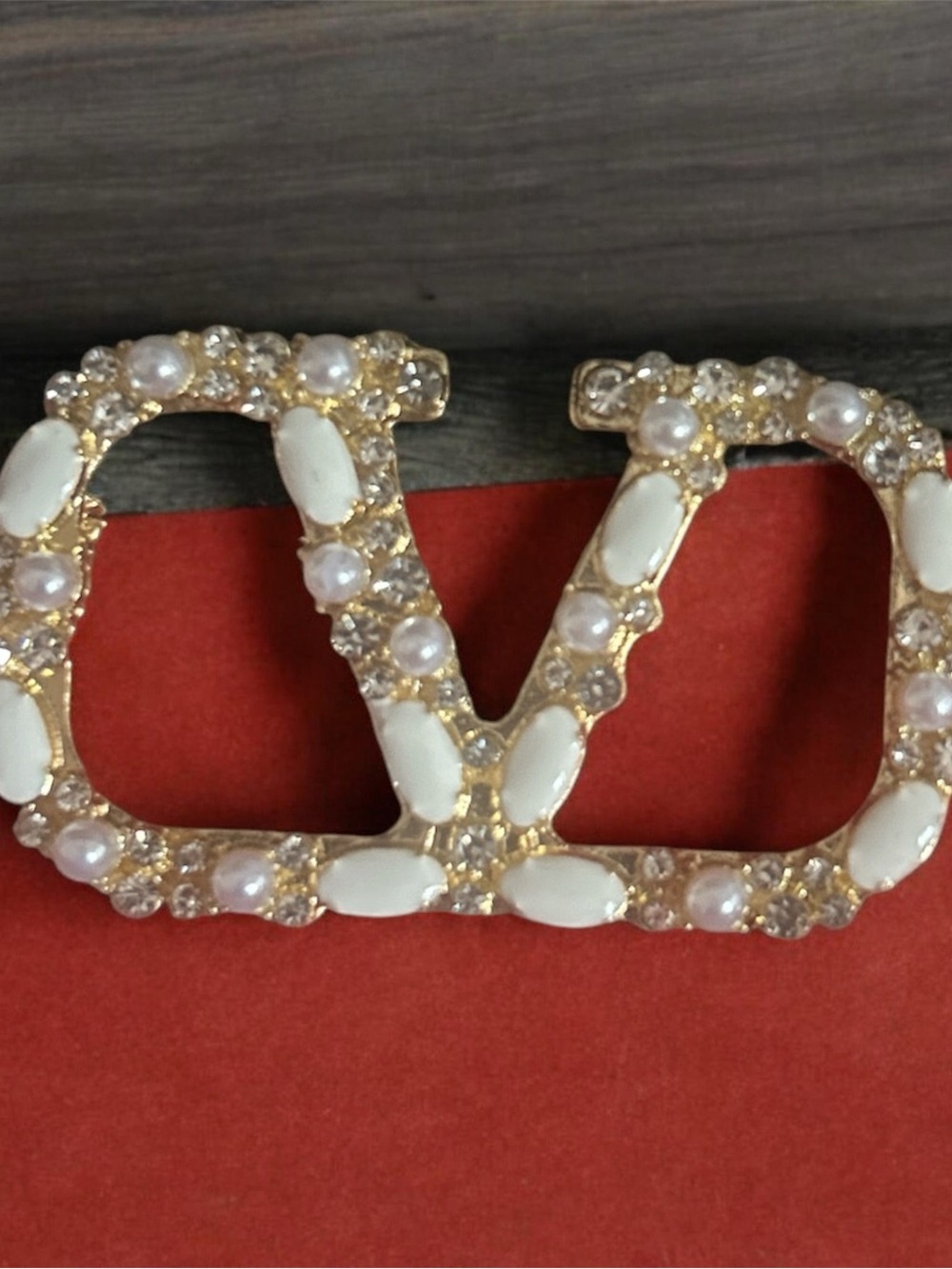 Gold Tone White Pearl & Crystal Double-Initial Brooch